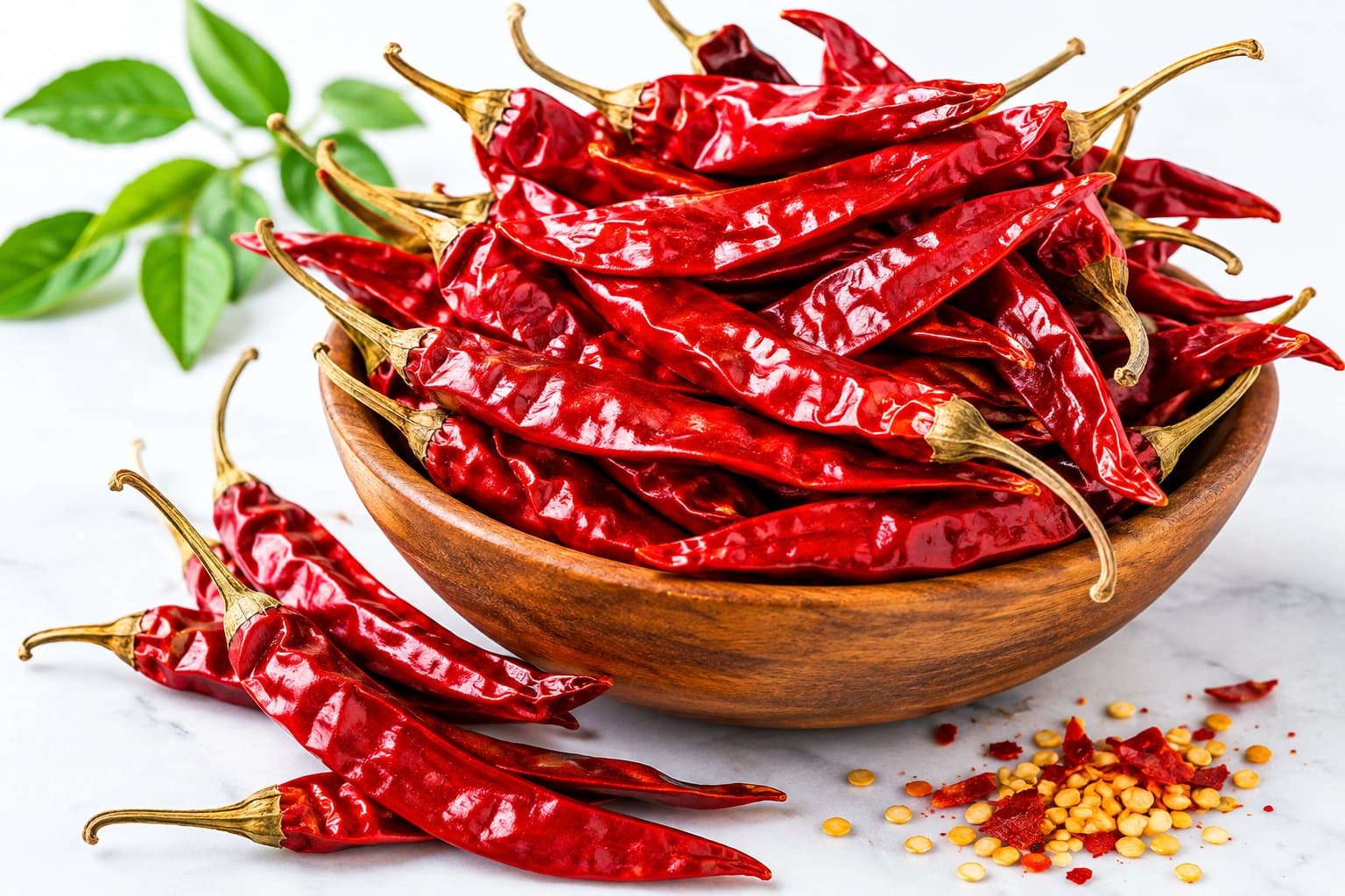 Dried Guntur red chillies heaped in a wooden bowl